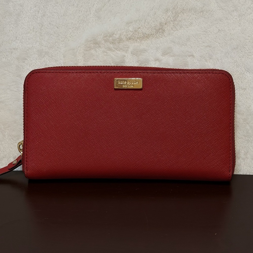Kate Spade Clutch Wallet Solid Red Gold Accents Medium